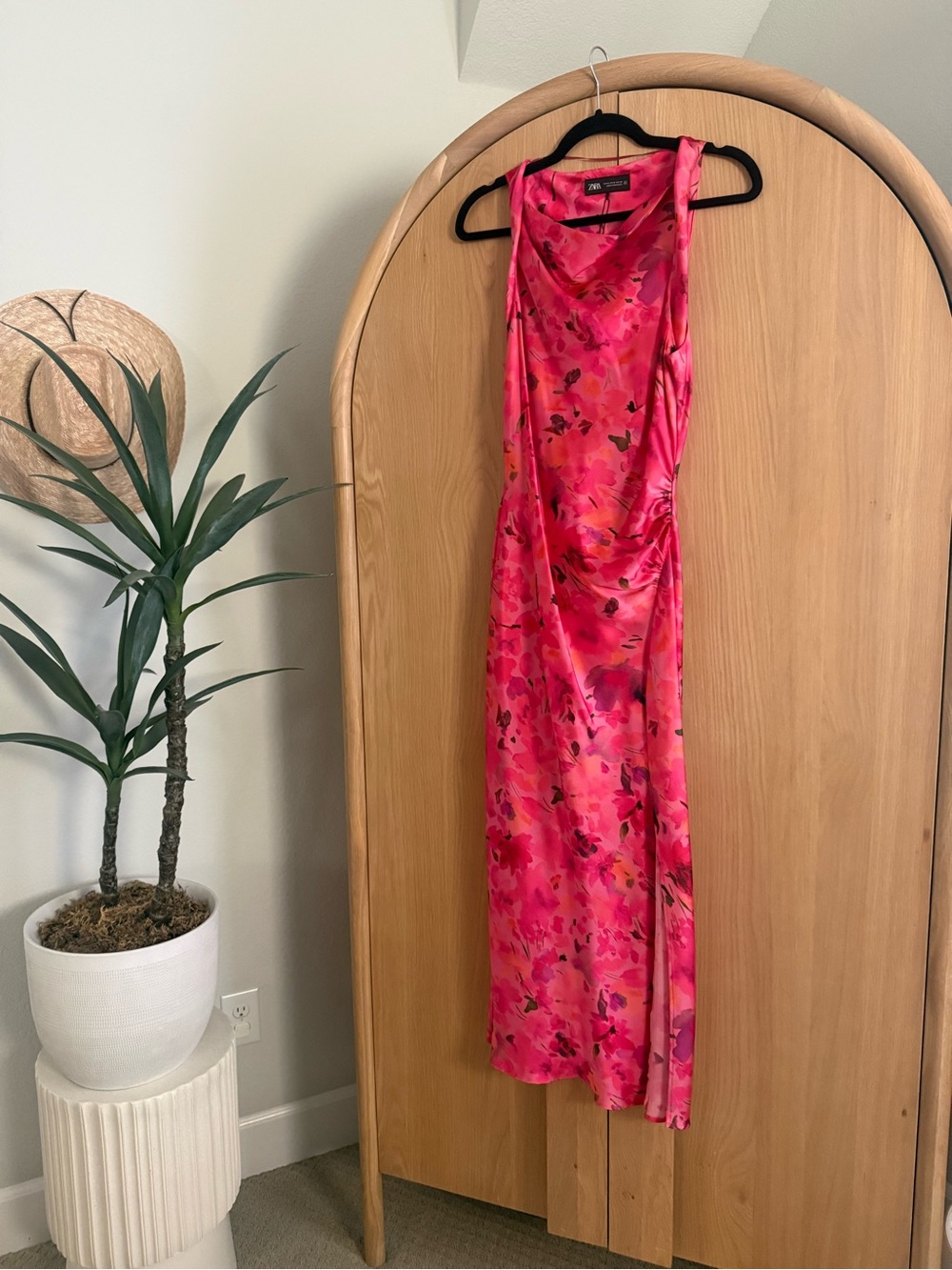 Bright Pink Floral Satin Slip Dress - Brand:Zara